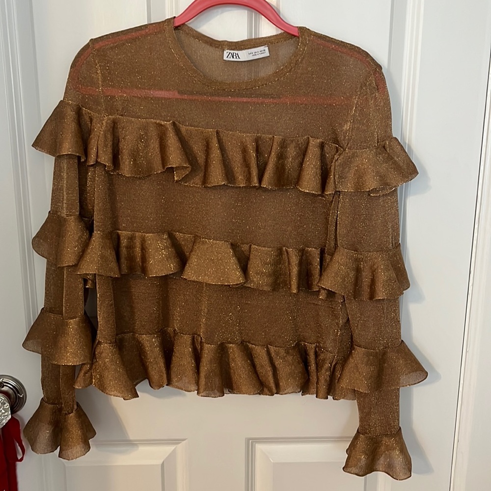 Zara metallic gold ruffle top. Gorgeous   Worn once. Like new. Size Small